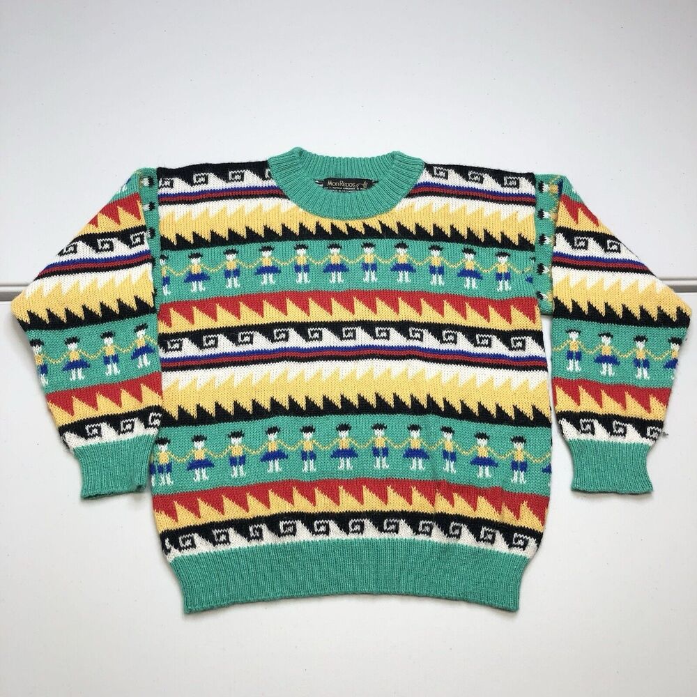 MON REPOS Women’s Jacquard Sweater Alpaca Peruvian Wool Size Small School